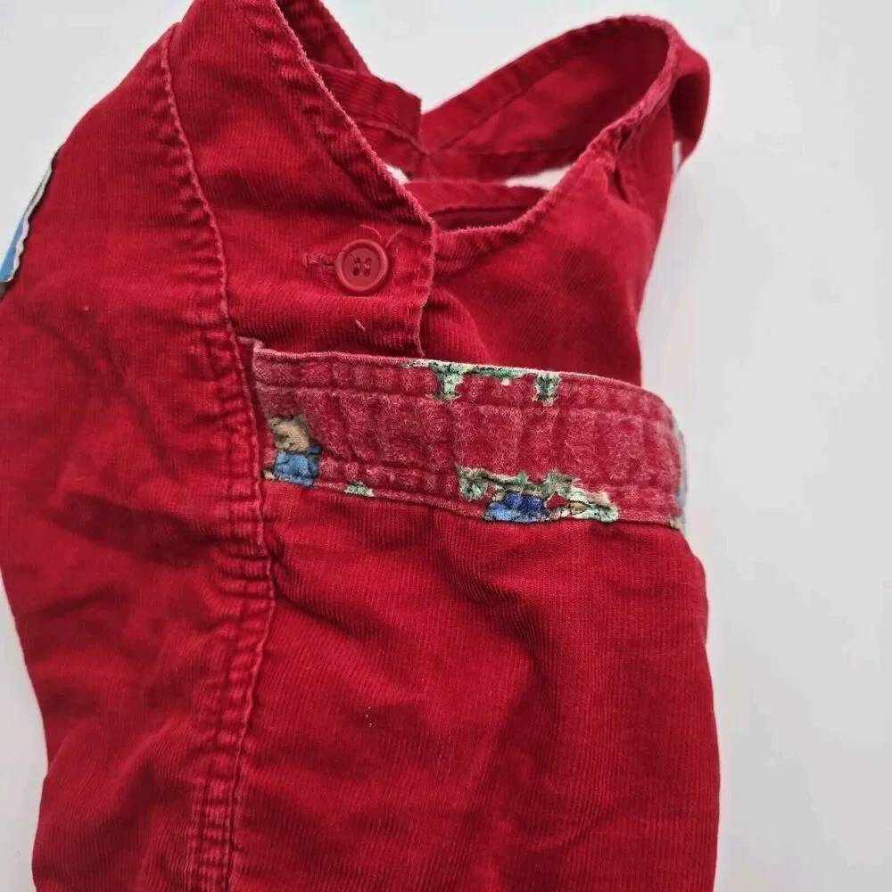 OshKosh Overalls Red Corduroy Baby 24 Months Bear Plaid Snap Button Vintage Rare